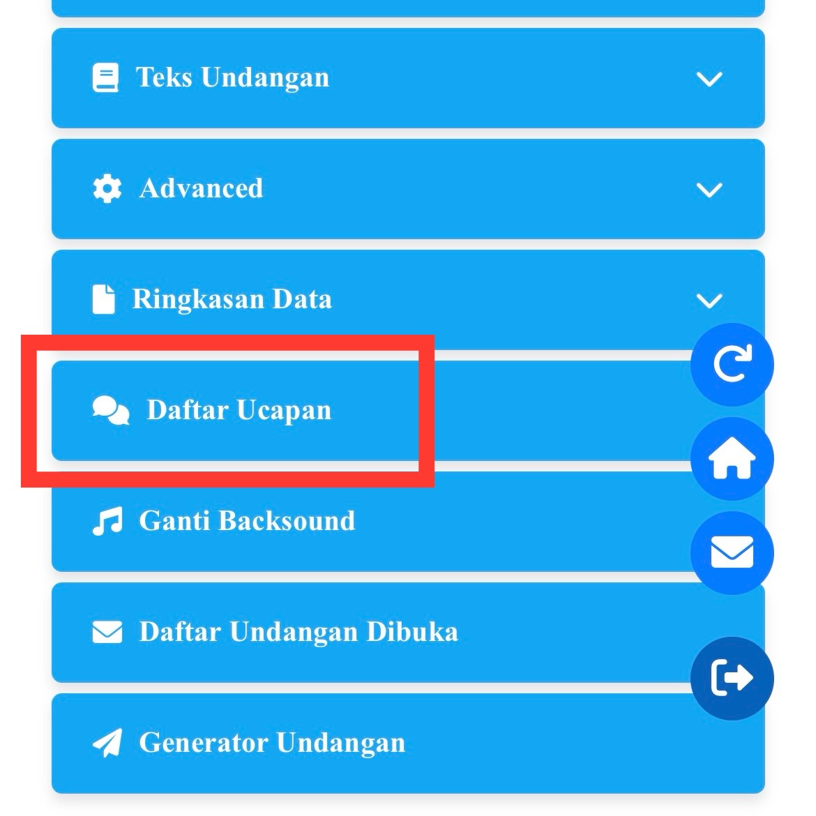 Dashboard - menu Daftar Ucapan